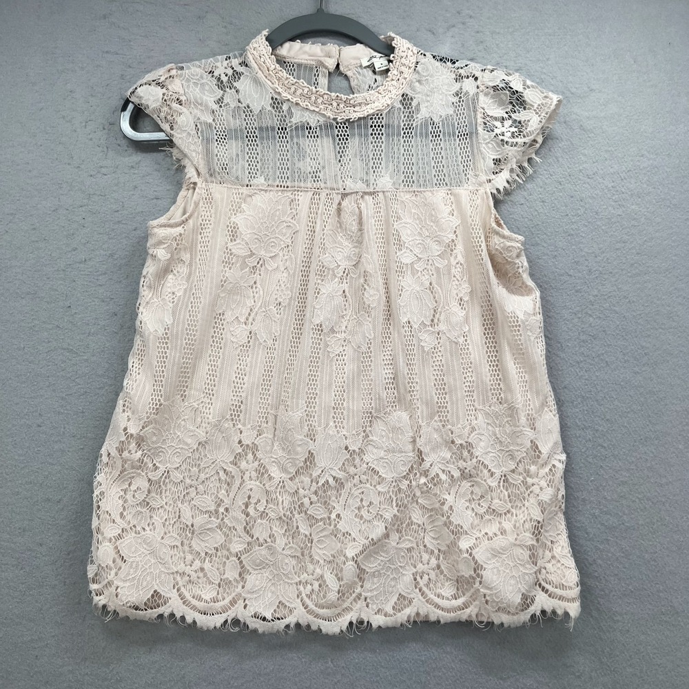 Ultra Pink Shirt Womens Medium M Pink Floral Lace Cap‎ Sleeve Mock Neck Blouse